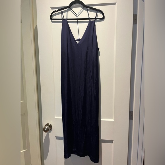 & Other Stories Satin Double Strap Minimalist Deep Blue Midi Dress - Picture 2 of 8